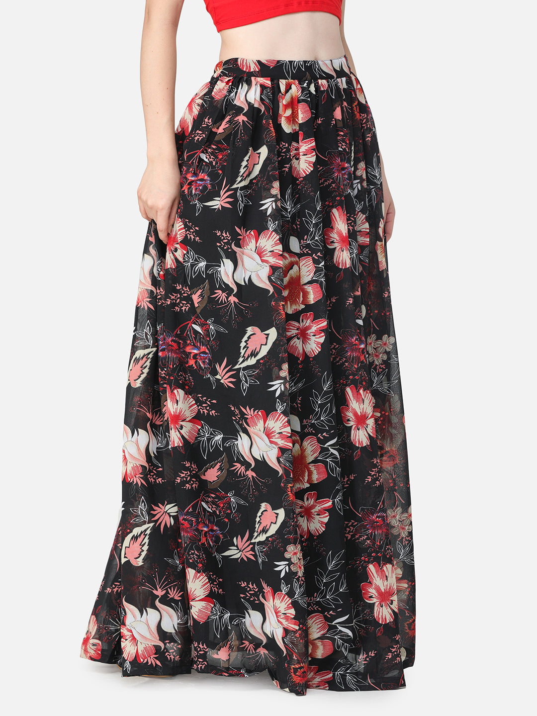 Black Floral Maxi Flared Skirt