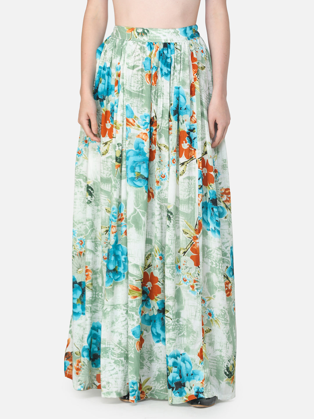 Green Floral Maxi Flared Skirt