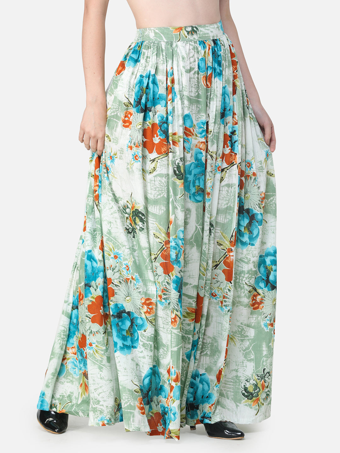 Green Floral Maxi Flared Skirt