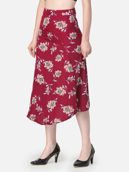Maroon Floral Midi Skirt