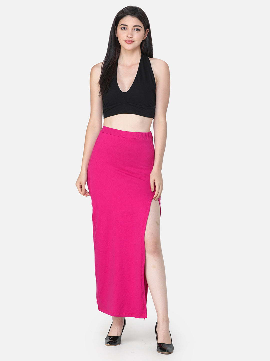 Pink Solid Midi Straight Skirt