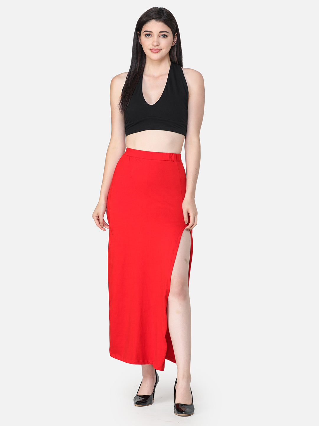 Red Solid Midi Straight Skirt