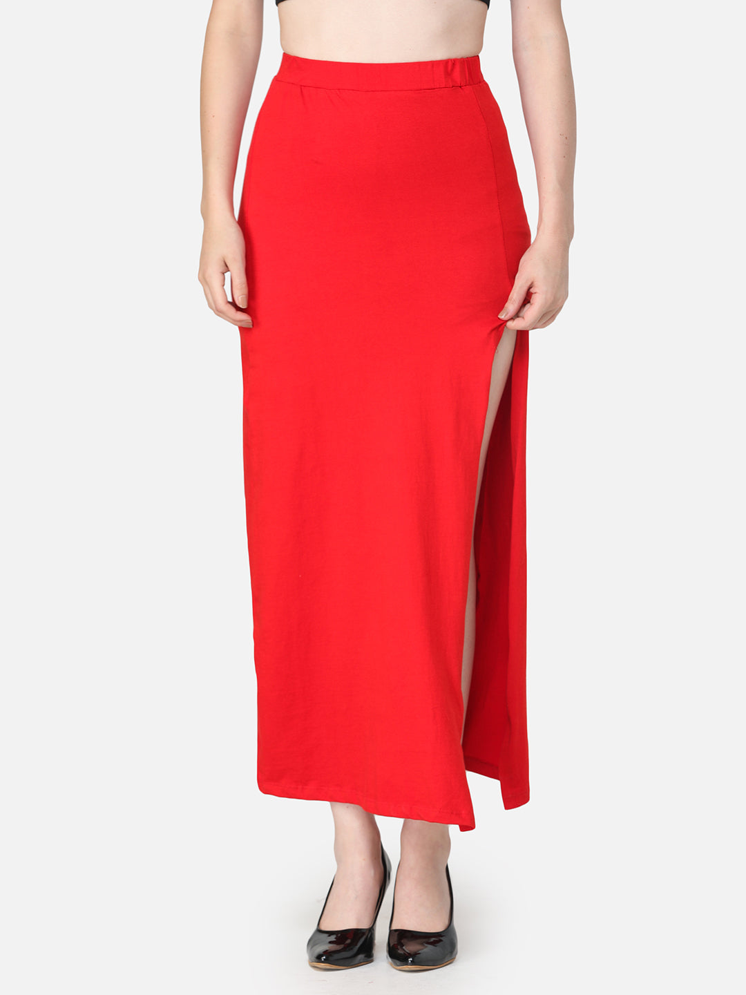 Red Solid Midi Straight Skirt