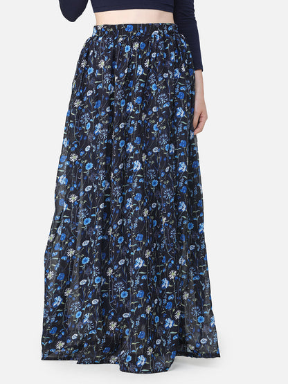 Navy Floral Maxi Flared Skirt