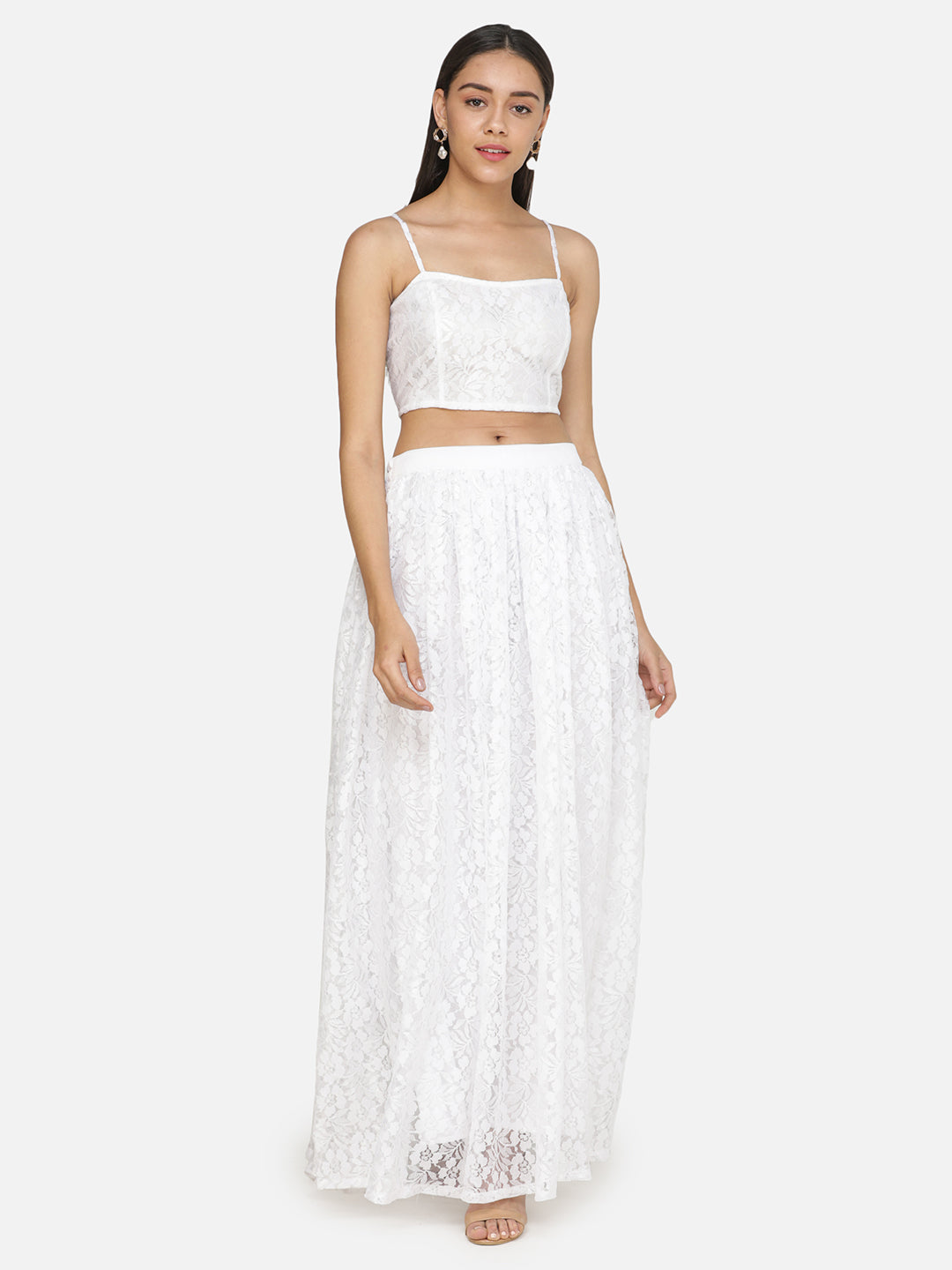 White Lace Maxi Flared Skirt