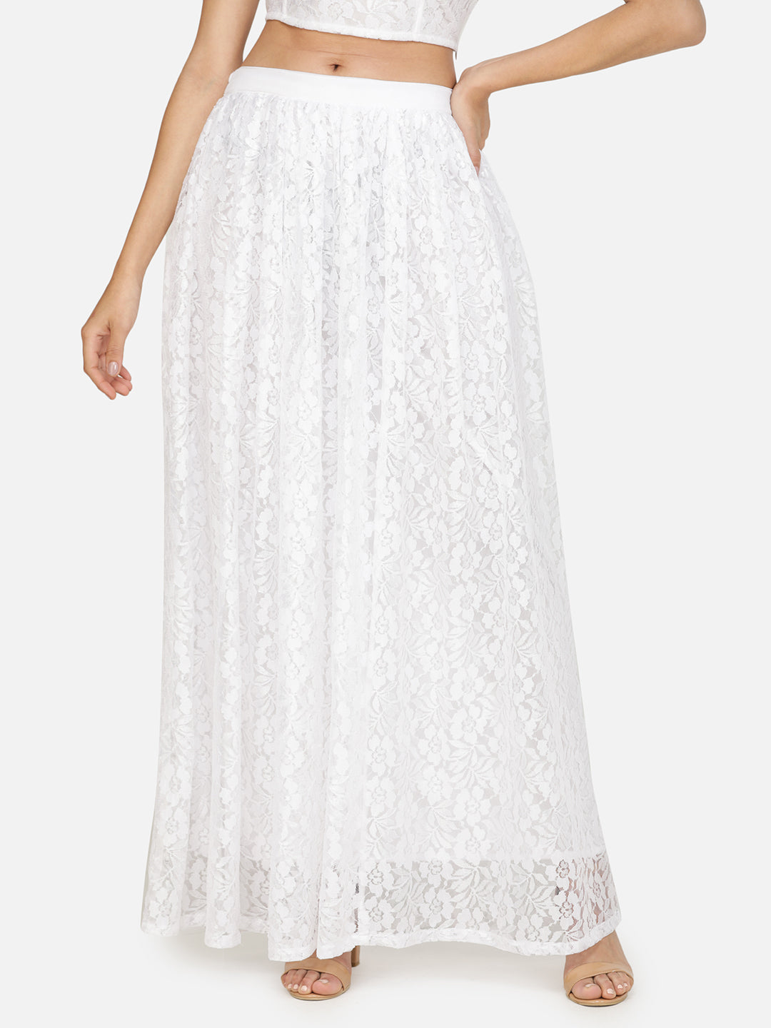 White Lace Maxi Flared Skirt