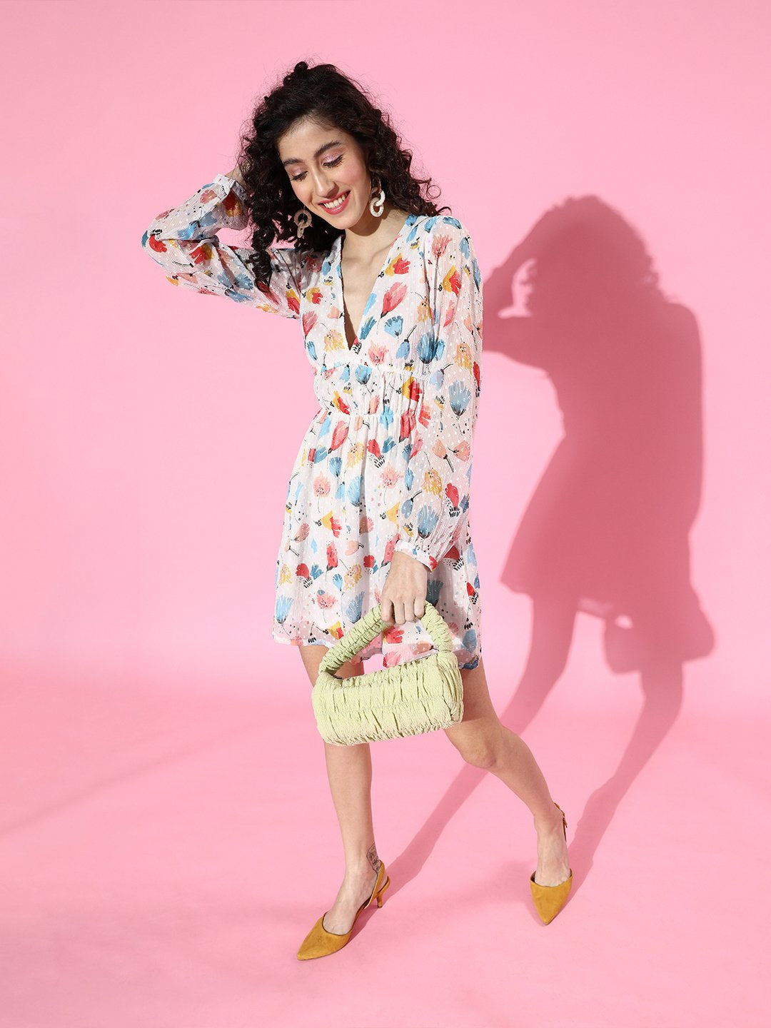 SCORPIUS White Chiffon Printed Waisted mini Dress