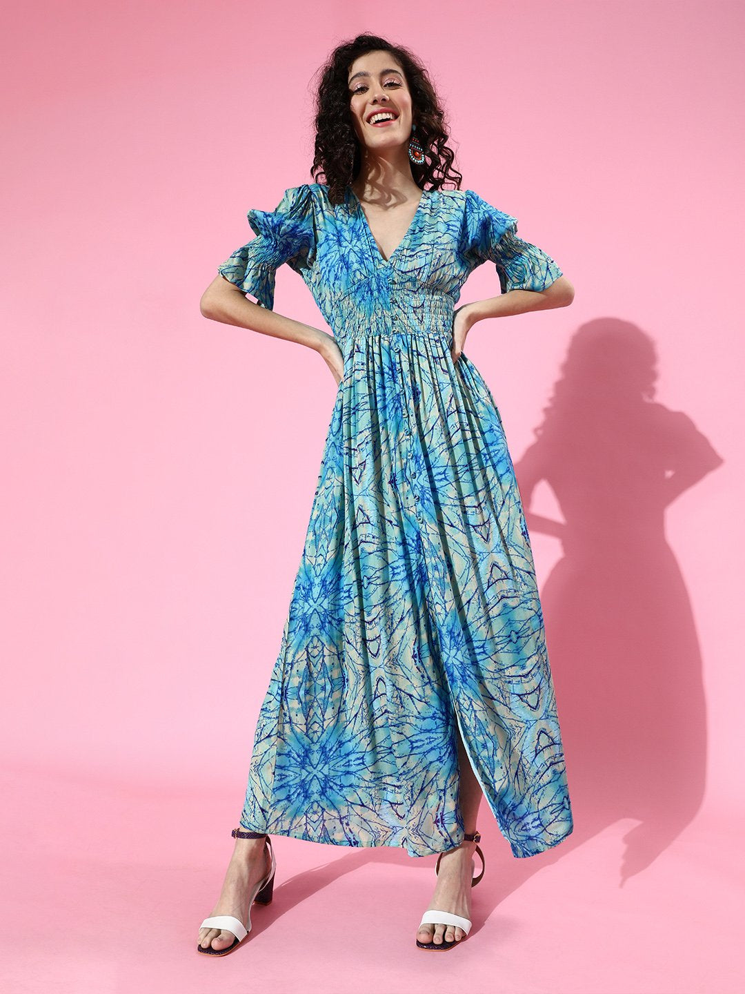 SCORPIUS Blue Printed front slit long Dress