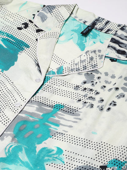 Cation White Blue Printed Night Suit