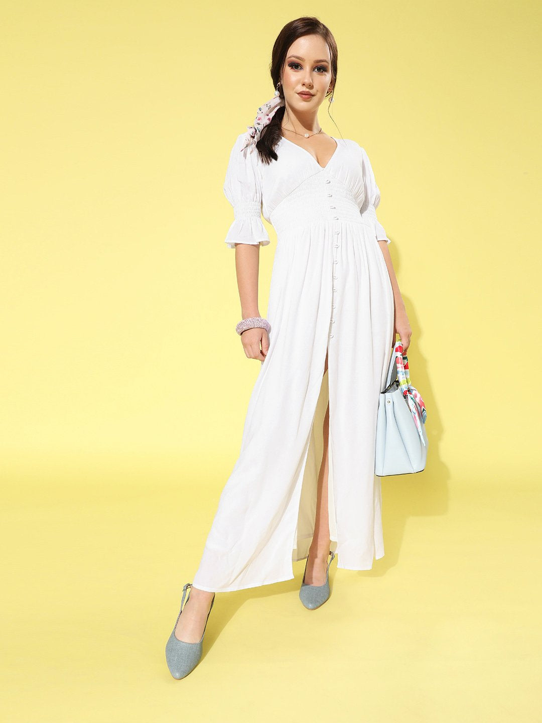 SCORPIUS White Solid front slit long Dress