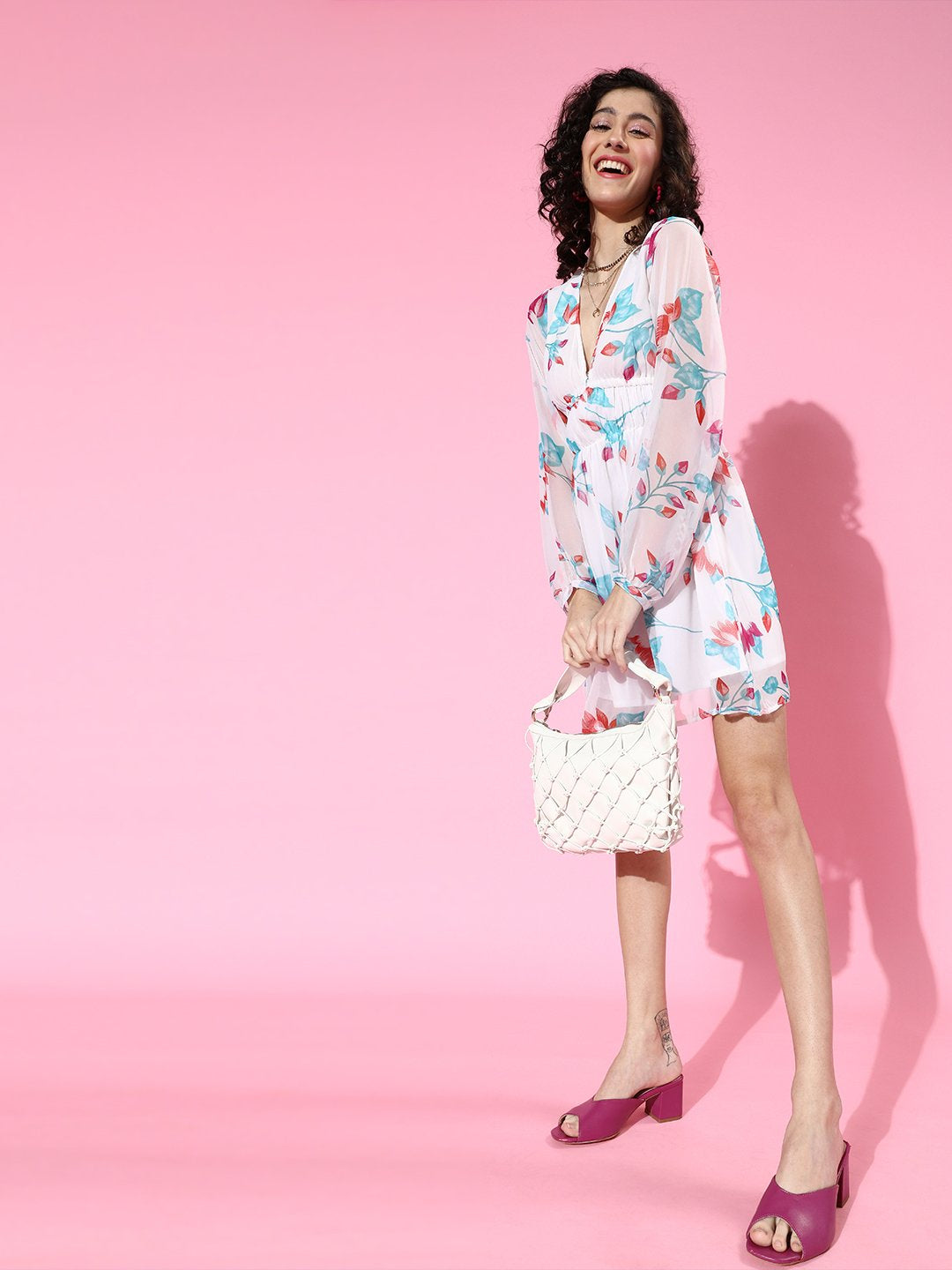 SCORPIUS White Georgette Floral Print Waisted mini Dress