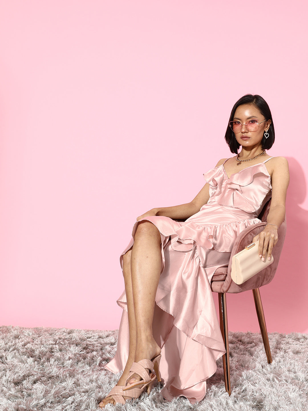 SCORPIUS Satin Solid Baby Pink Maxi Dress