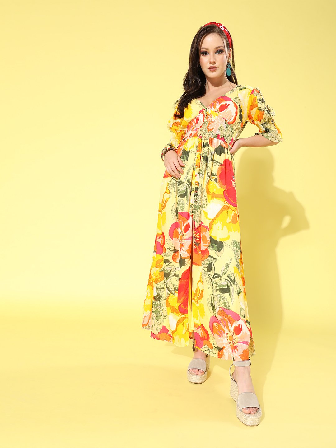 SCORPIUS Yellow Printed front slit long Dress