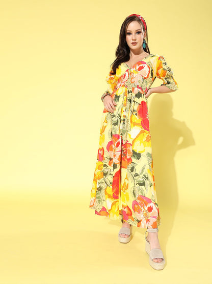 SCORPIUS Yellow Printed front slit long Dress