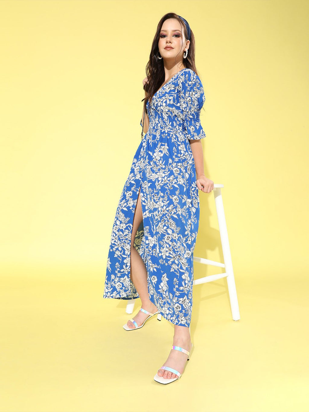 SCORPIUS Purple Printed front slit long Dress