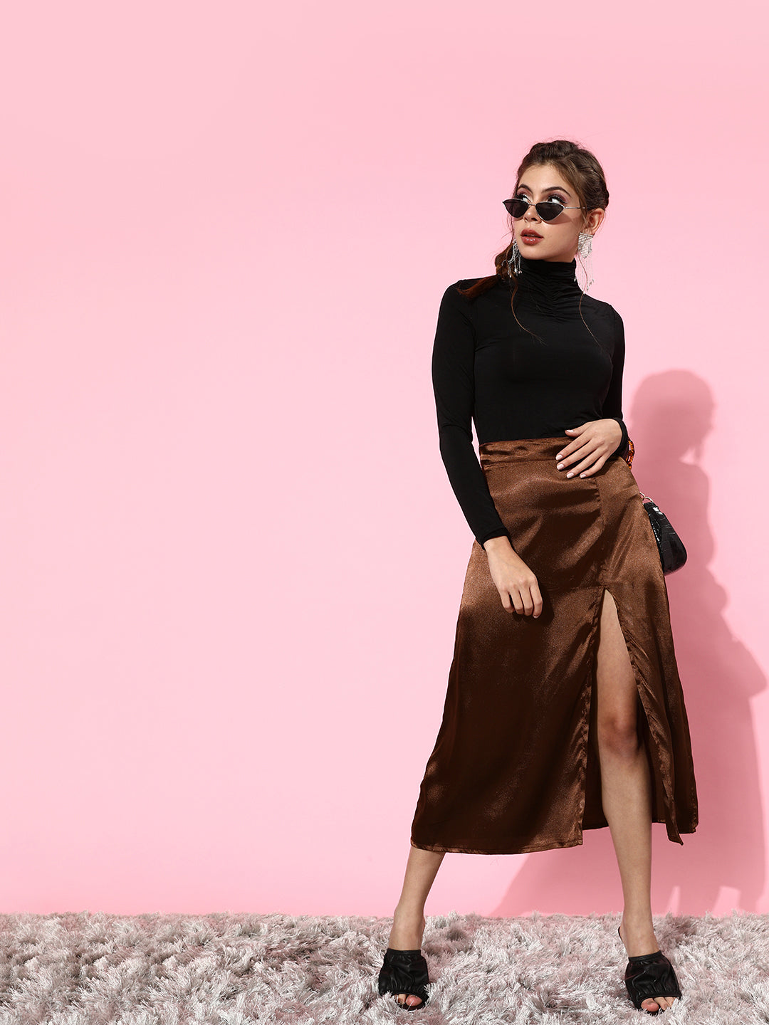 Scorpius Chic Brown Solid Satin Skirt
