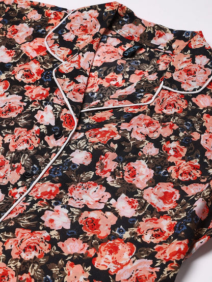 Cation Black Floral Night Suit