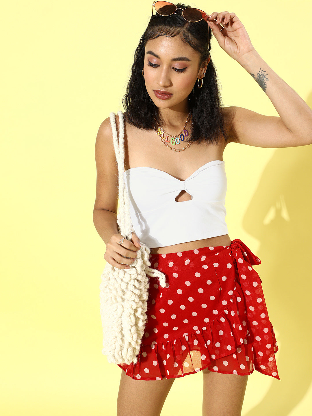 Cation Solid White And Red Polka Clothing Set