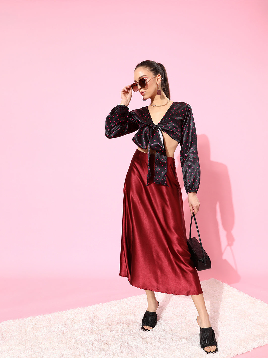 SCORPIUS Black-Pink Polka Satin Top