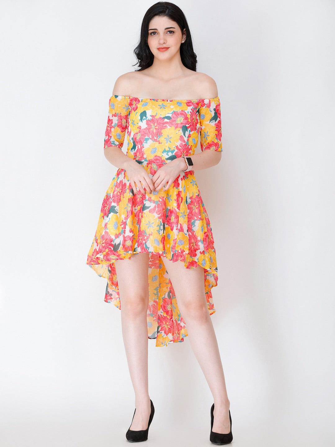 Multicoloured Floral Print Off Shoulder Dress