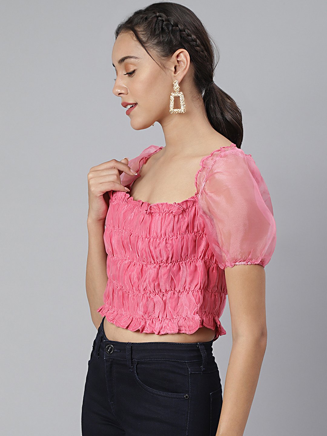 SCORPIUS Pink Organza Ruched Crop top