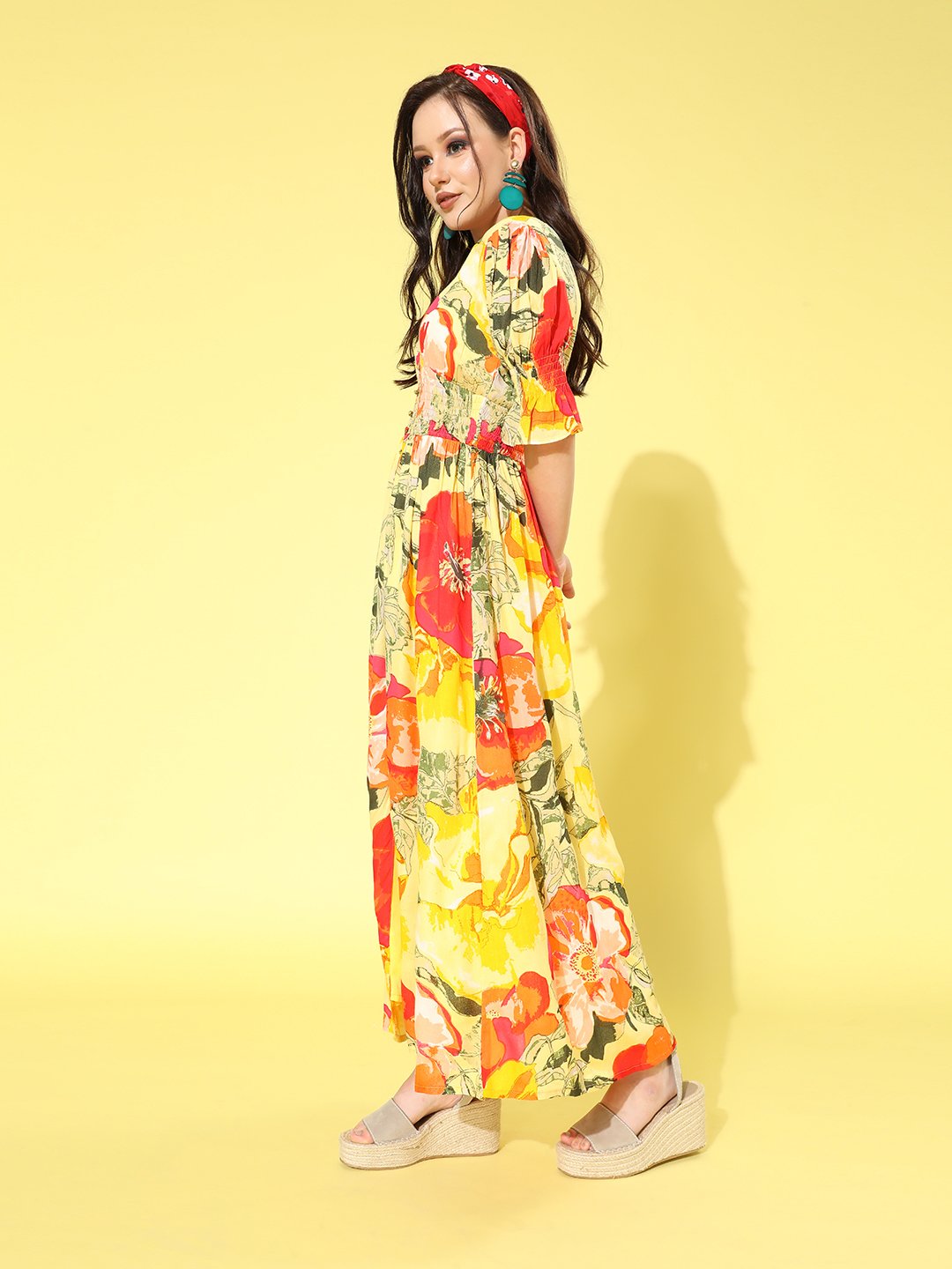 SCORPIUS Yellow Printed front slit long Dress