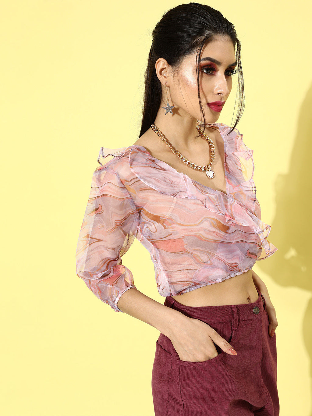 SCORPIUS Pink Printed Organza Top
