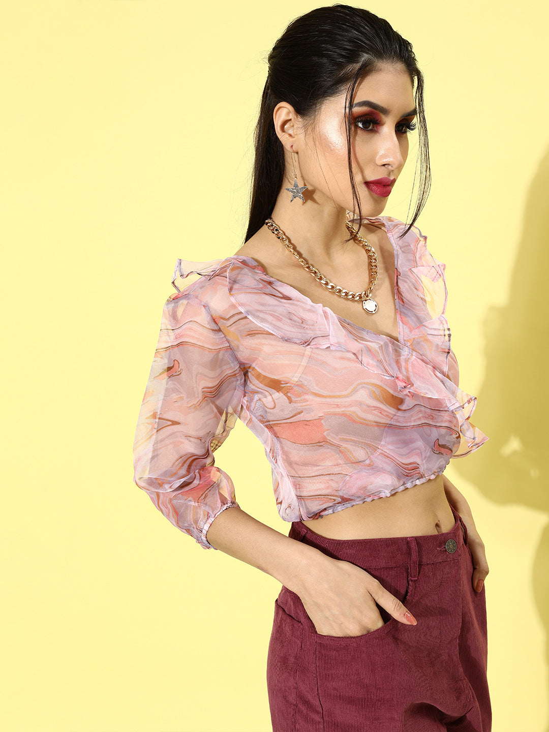 SCORPIUS Pink Printed Organza Top