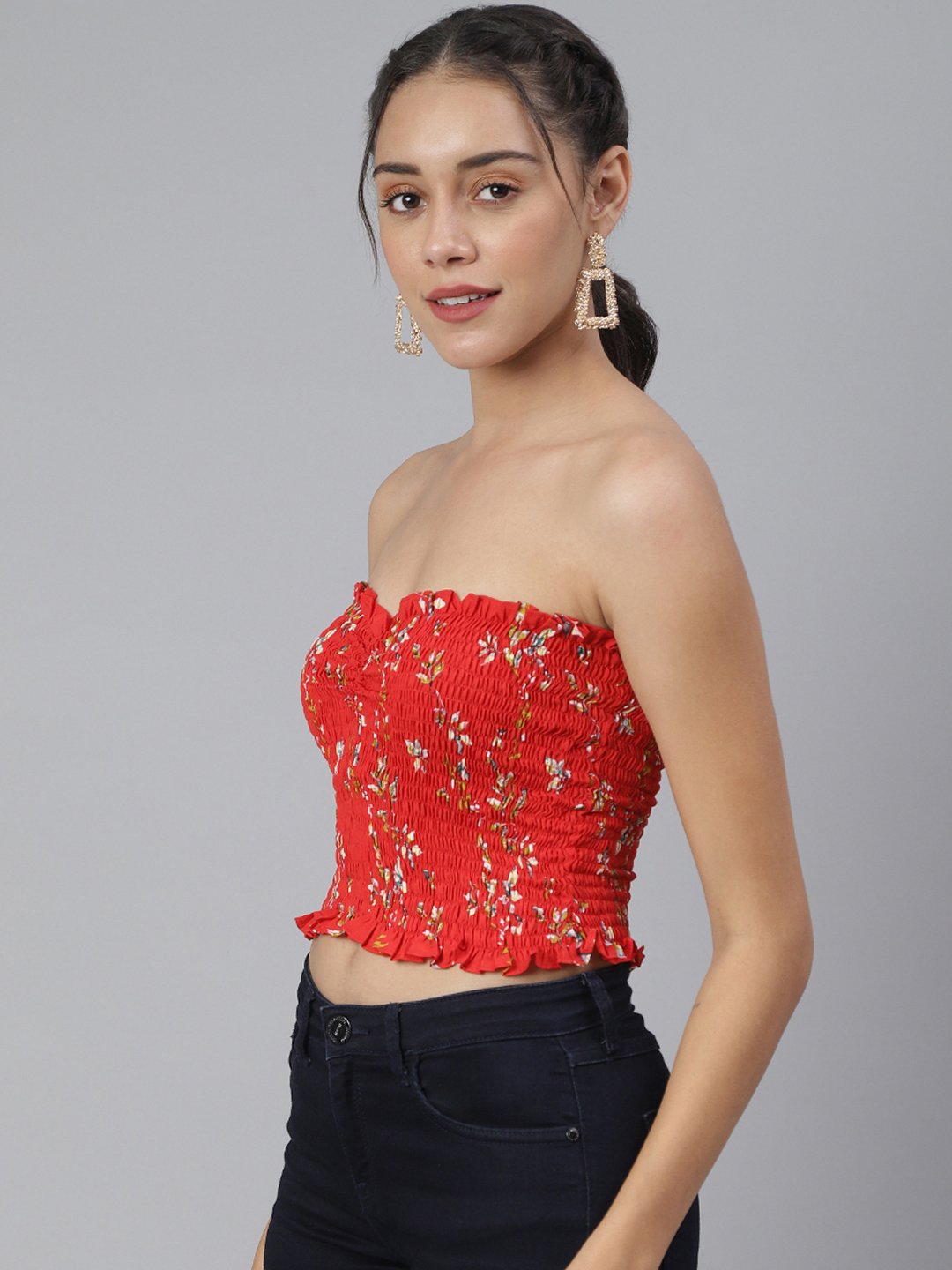 SCORPIUS Red Printed off shoulder crop top