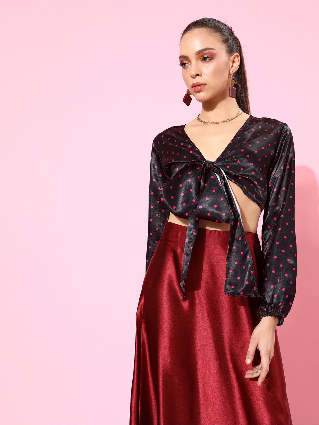SCORPIUS Black-Pink Polka Satin Top