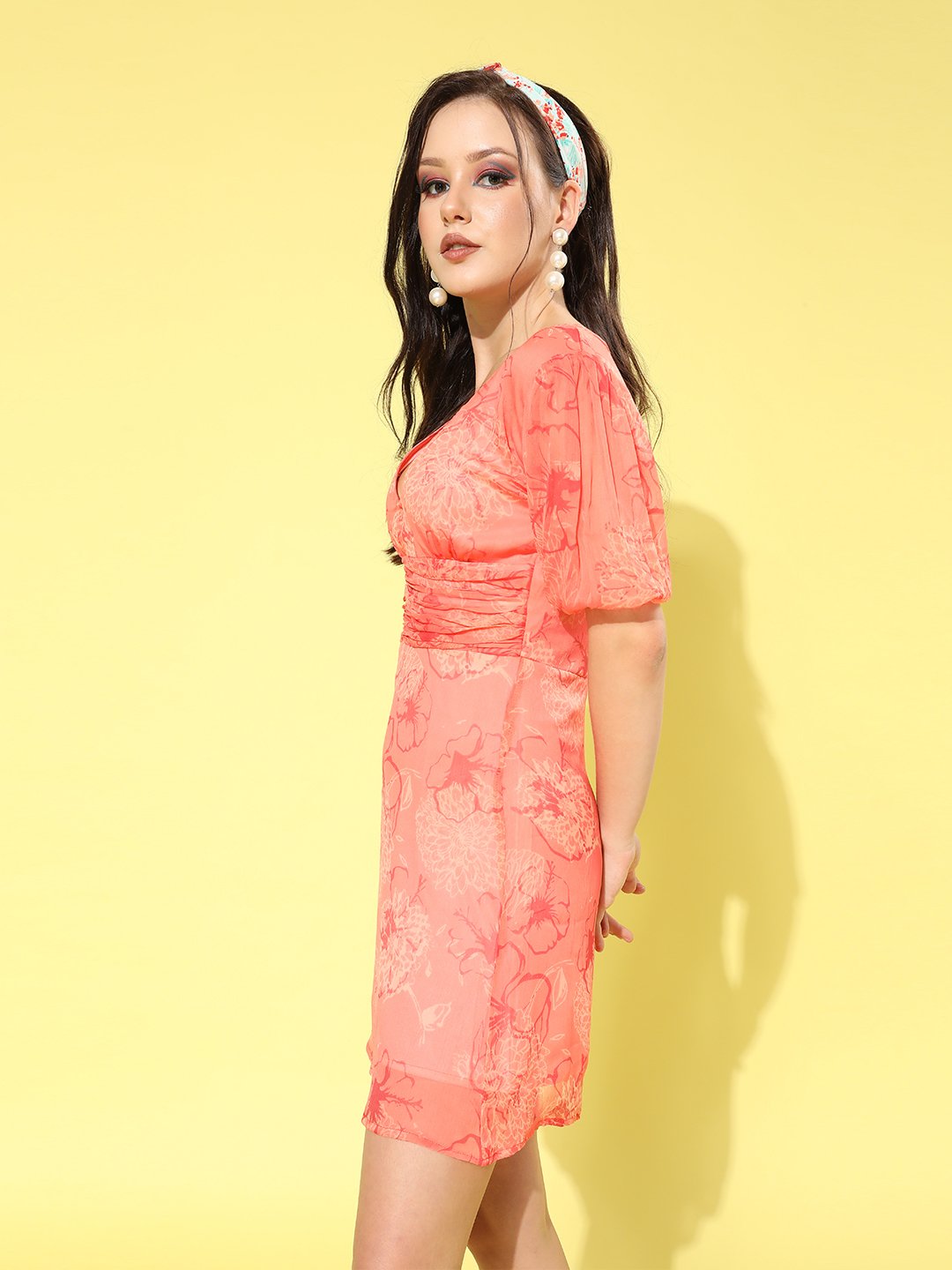 SCORPIUS Orange Printed deep neck Waist fitted Mini Dress