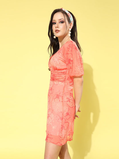 SCORPIUS Orange Printed deep neck Waist fitted Mini Dress