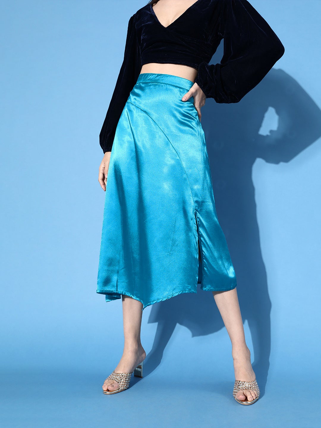 Solid Aqua Blue Satin Skirt