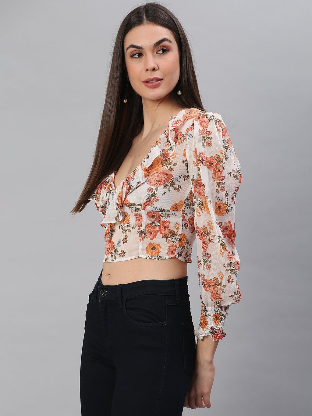 White Orange Floral Top