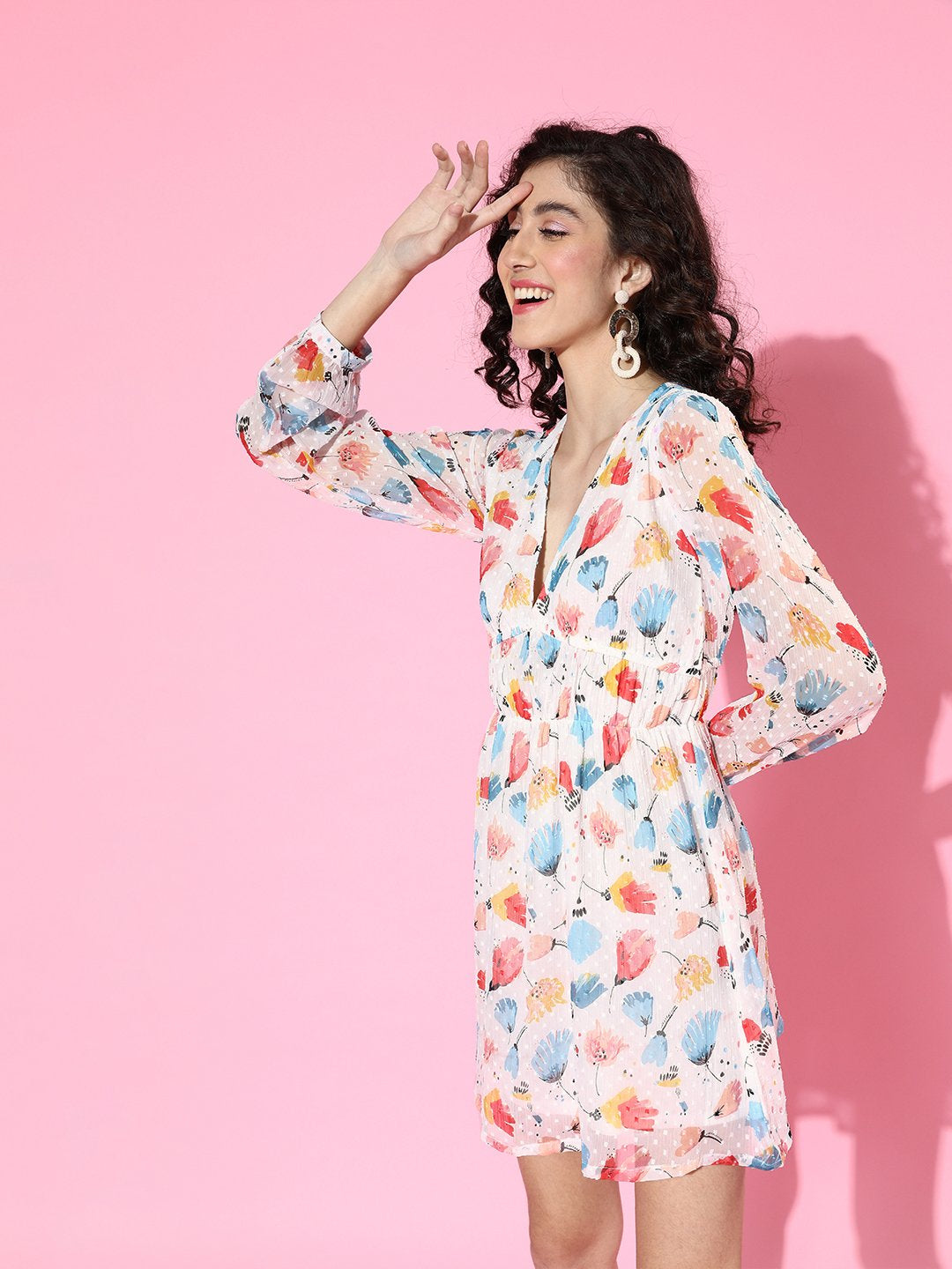 SCORPIUS White Chiffon Printed Waisted mini Dress