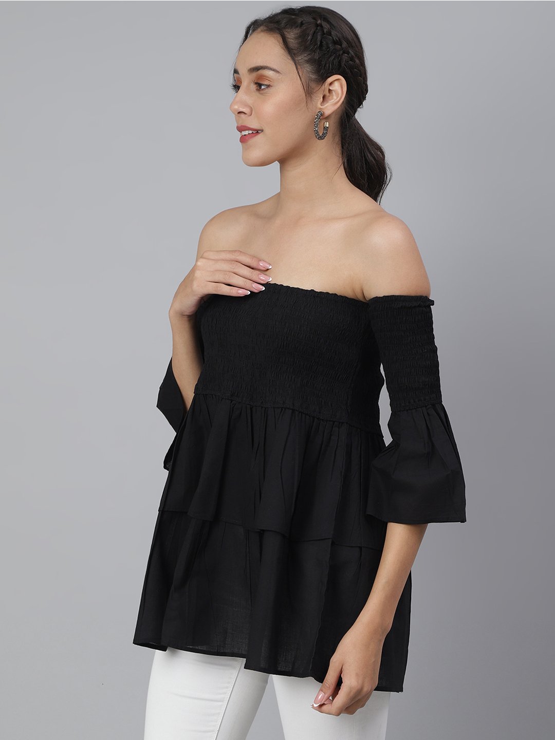 SCORPIUS Black Smocked Offshoulder Top