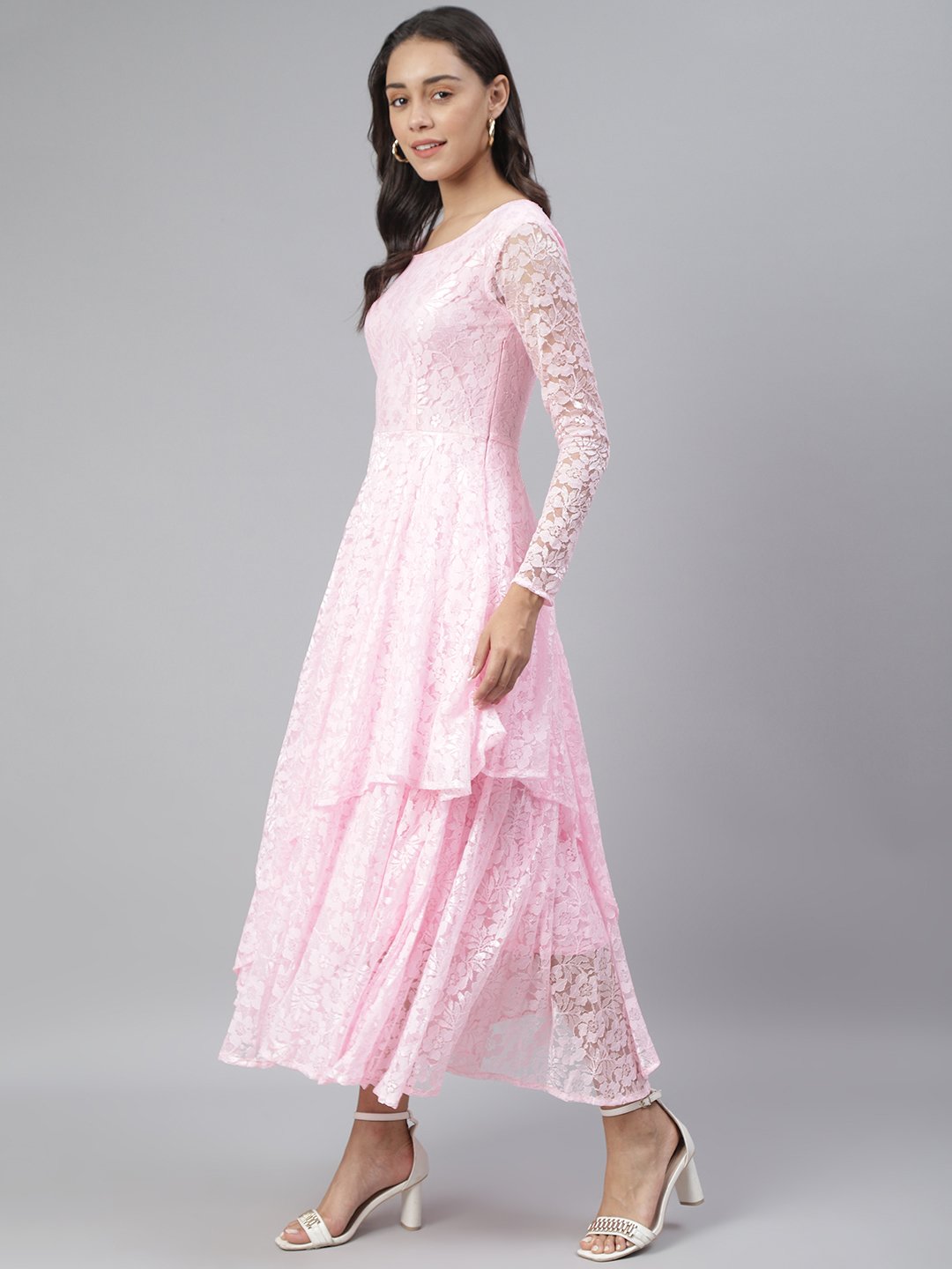 SCORPIUS Pink Flared Printed maxi Dress
