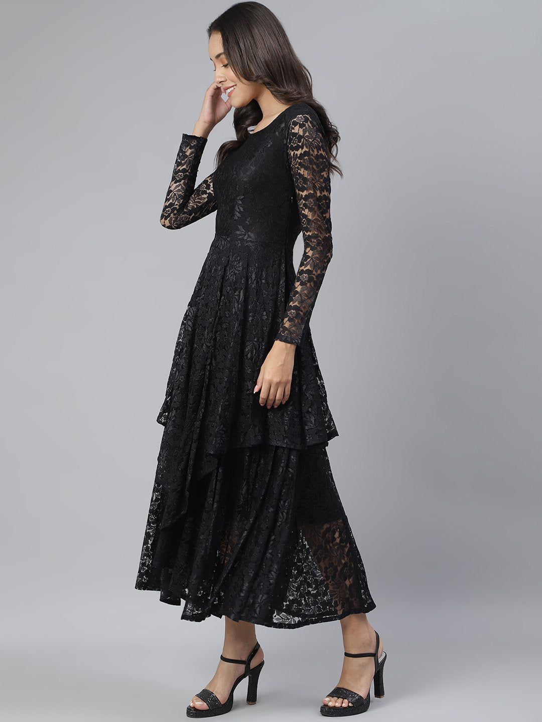 SCORPIUS Black Flared Printed maxi Dress