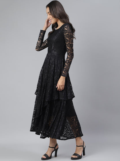 SCORPIUS Black Flared Printed maxi Dress