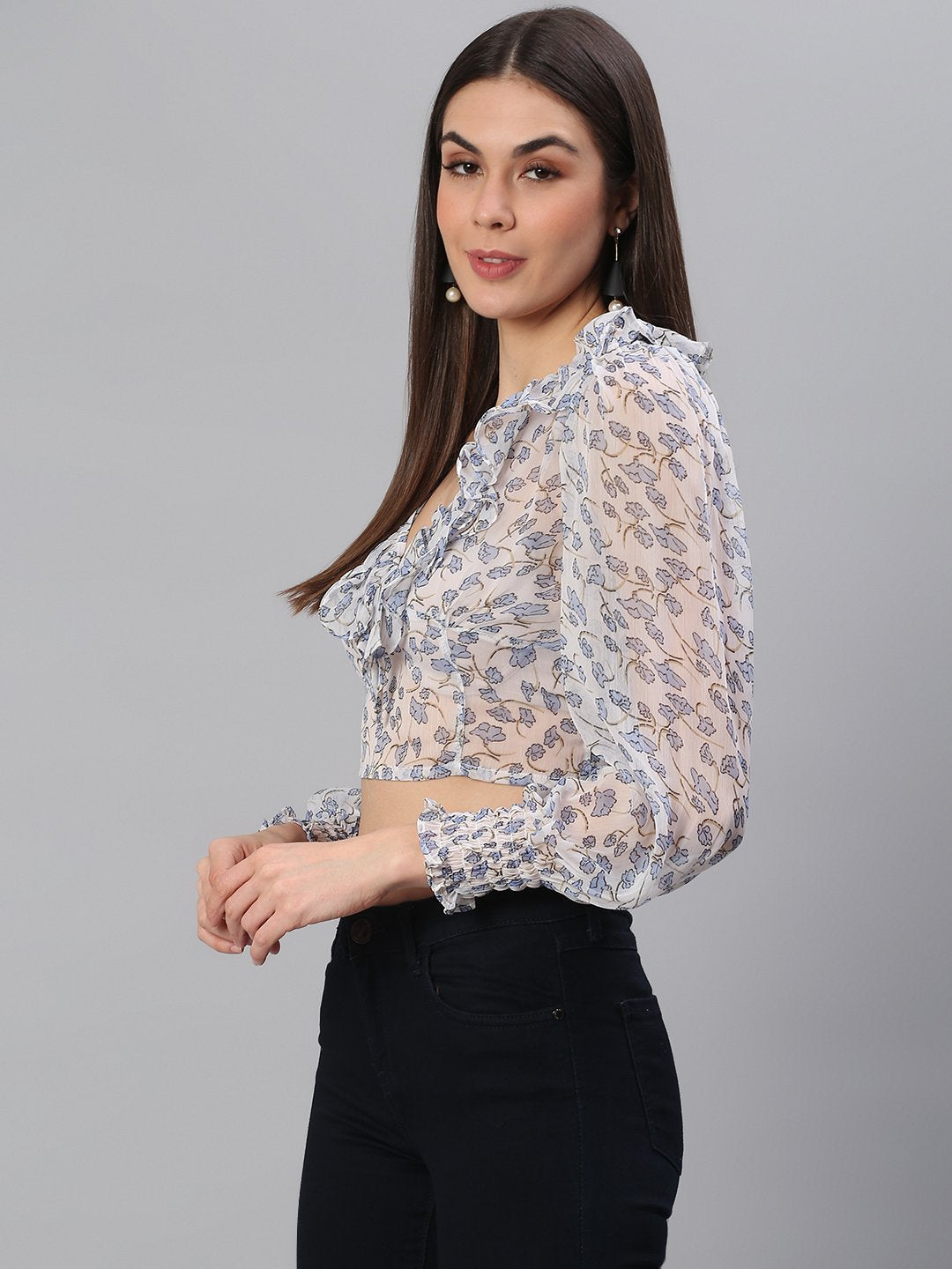 White Blue Printed Top