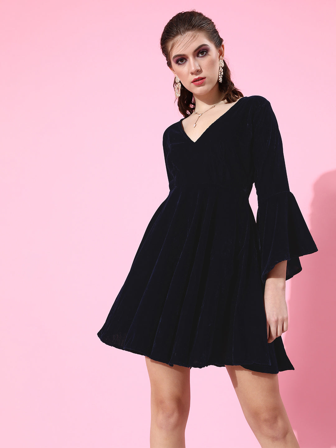 SCORPIUS Velvet Navy Frill sleeve dress