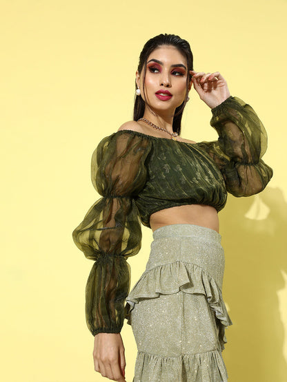 SCORPIUS Olive Green Organza Top