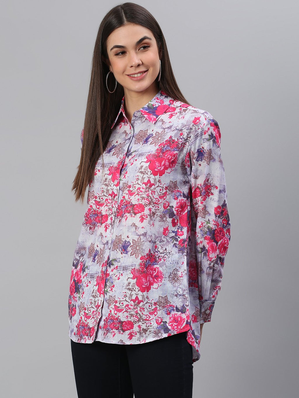 White Pink Floral Print Shirt
