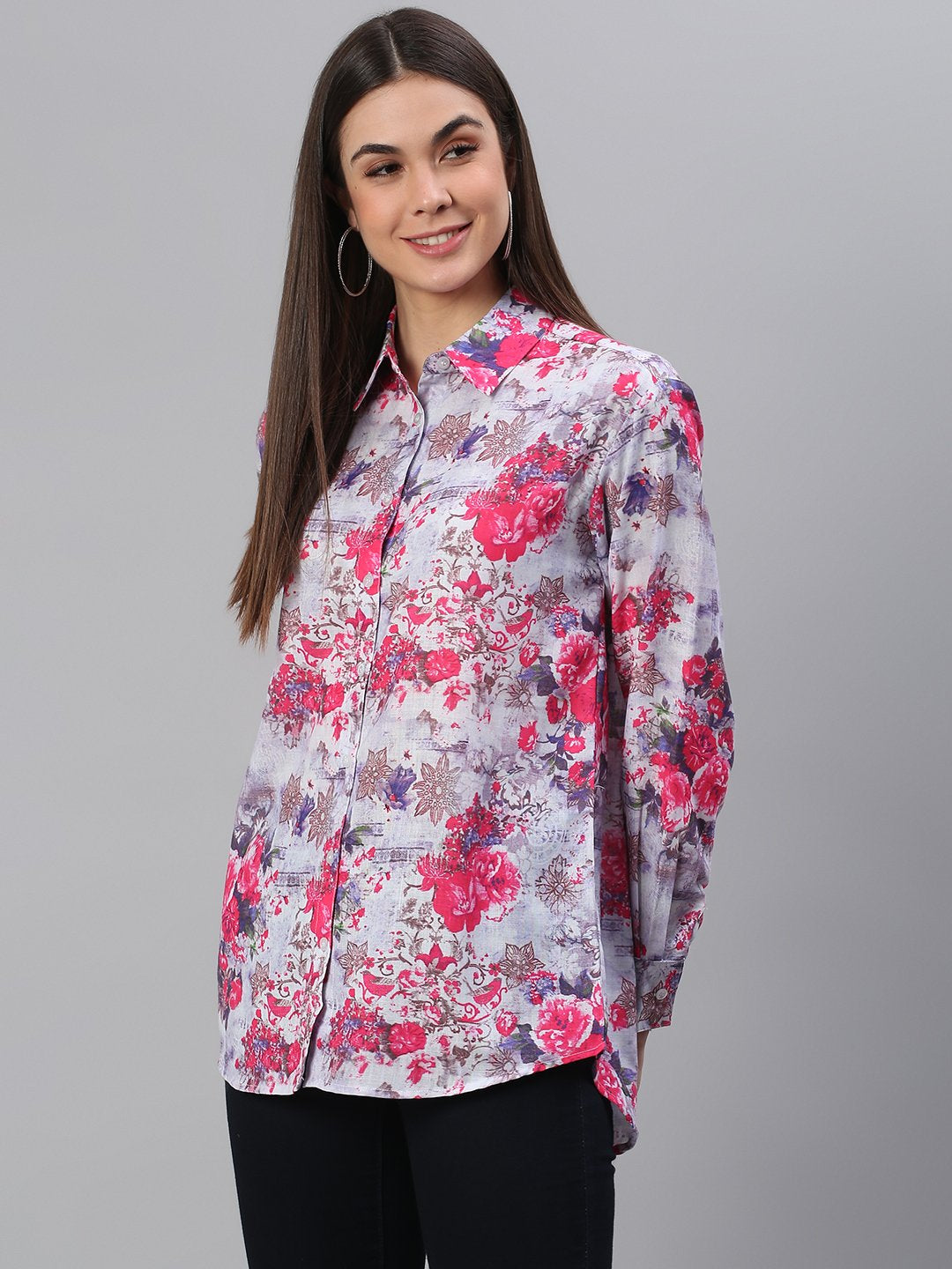 White Pink Floral Print Shirt