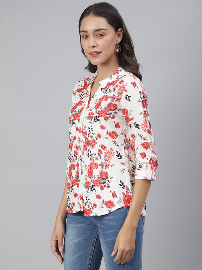 SCORPIUS White & Red Floral Rayon Shirt