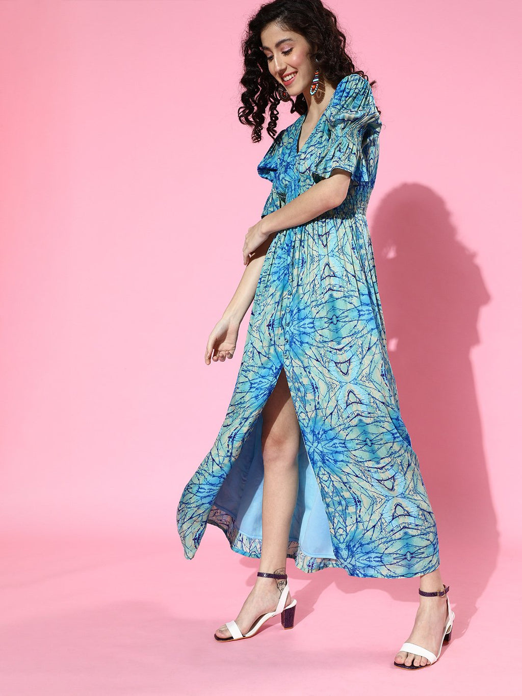 SCORPIUS Blue Printed front slit long Dress