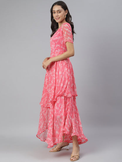 SCORPIUS Pink Flared Printed maxi Dress