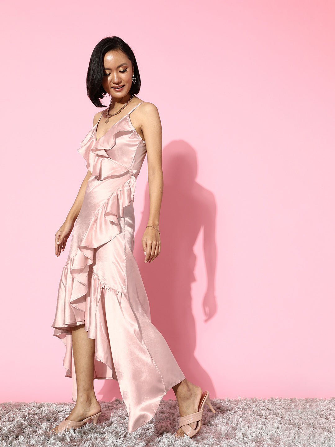 SCORPIUS Satin Solid Baby Pink Maxi Dress
