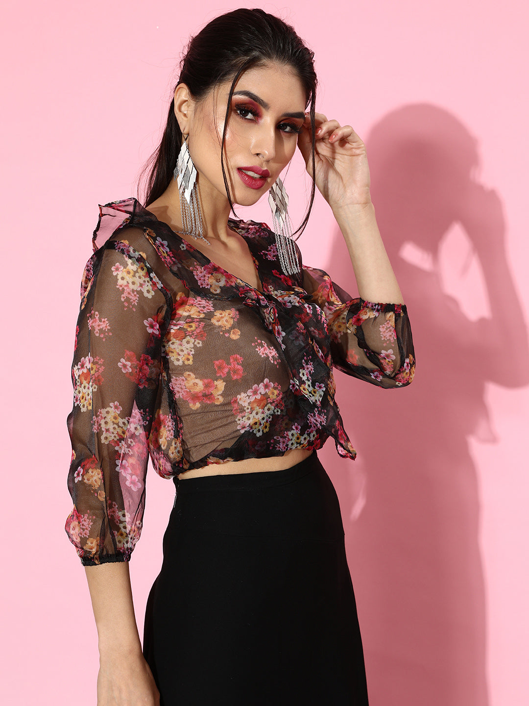 SCORPIUS Black Floral Organza Top