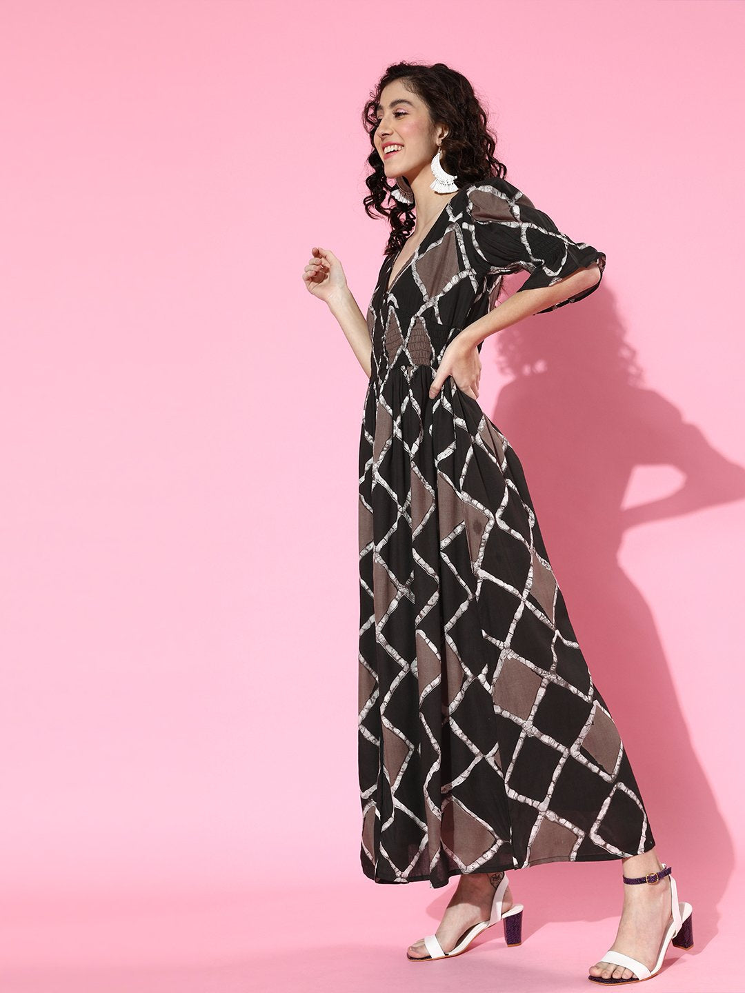 SCORPIUS Brown Printed front slit long Dress